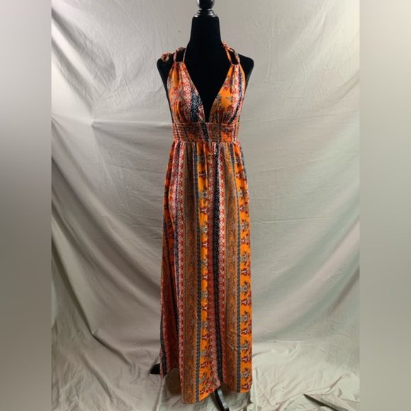 Boho Orange Tie Shoulder Criss Cross Backless Cami Dress - Picture 5 of 9